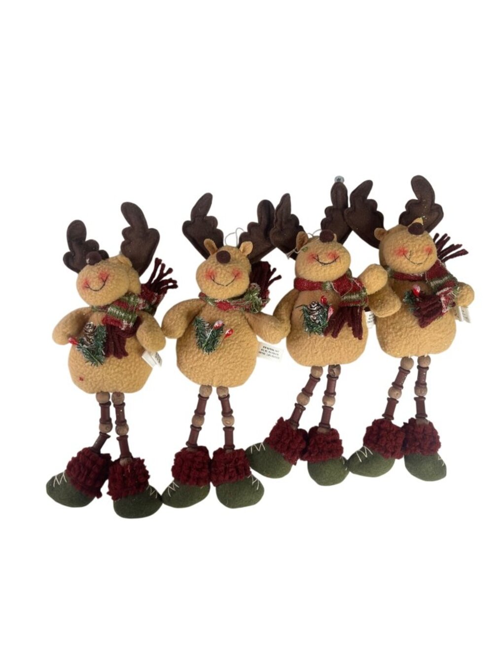 Set Of 4 Plush Reindeer Christmas Ornaments Beaded Legs Festive Accessories